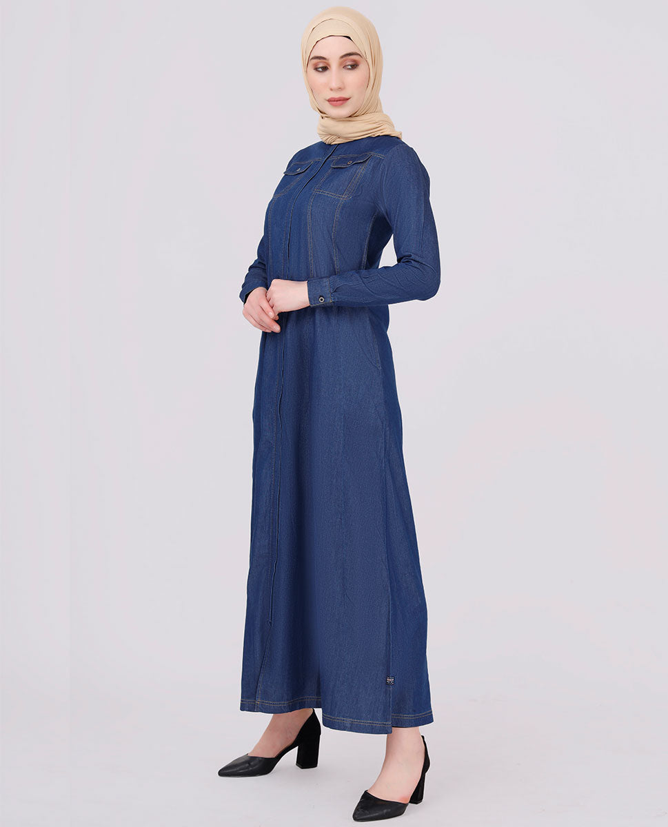 Full Front Open Mock Flaps Denim Jilbab